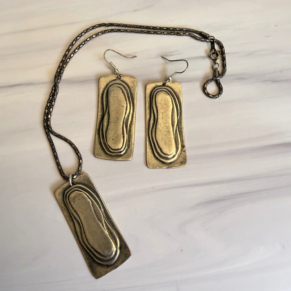 Vintage Brutalist Silver Tone Abstract Pendant Necklace Earrings Jewelry Set MCM